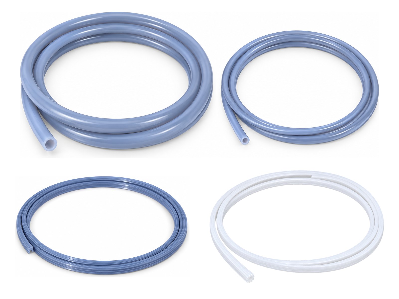 KTG PTFE feed tube: smooth-bore coils in two sizes, and ribbed-bore tube in grey and white